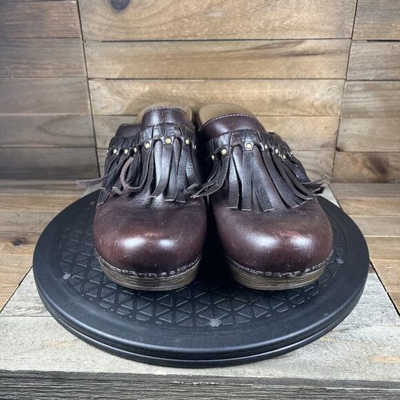 Dansko Deni Mules Clogs Shoes Womens Size 8.5-9 US 39 EU Brown Leather Fringe - Picture 2 of 10